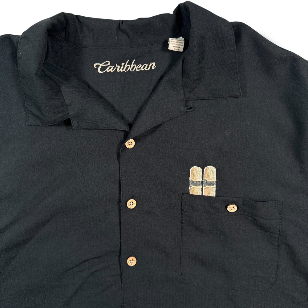 Caribbean Button Down Men XL Black Cigar Whiskey Embroidered Camp Shirt